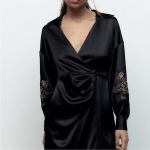 Zara Black Satin Robe with Embroidered Sleeves Size Medium